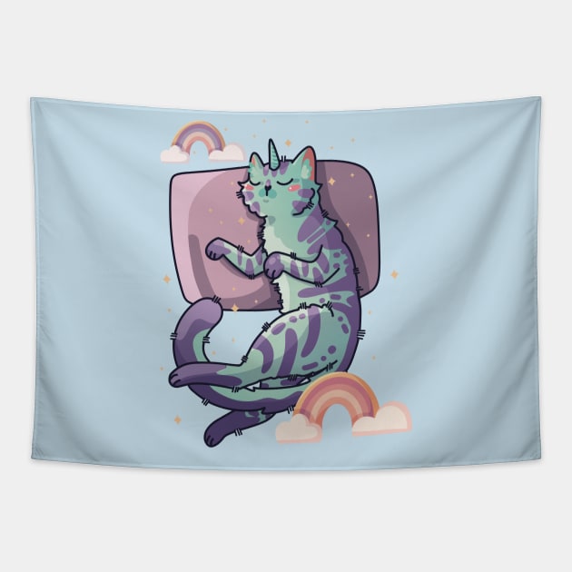 Sleeping Unikitty - Kawaii Cat Design Tapestry by Feline Emporium