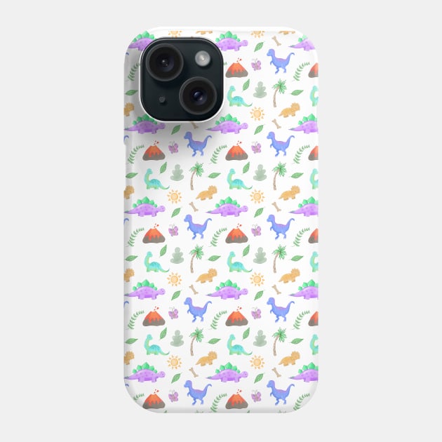 Dino Pattern with Volcano, Bone, Palmtree, Butterfly, Sun, Leaf, Trex, Stegosaurus, Raptor, Triceratops Phone Case by RocksNMills