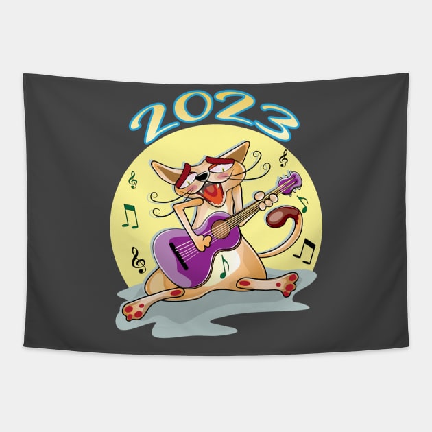 Happy New Year 2023 Cat Playing Guitar Tapestry by ArticArtac