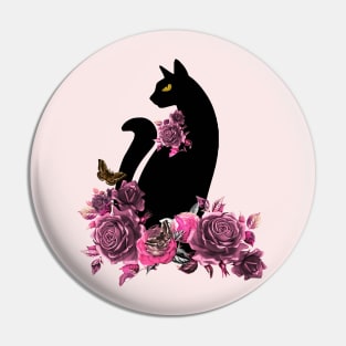 black color cat with butterfly moth and flowers, cats lovers design Pin