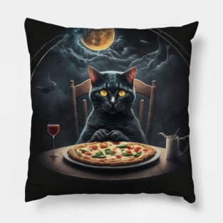 Black Cat Eating Pizza Pillow