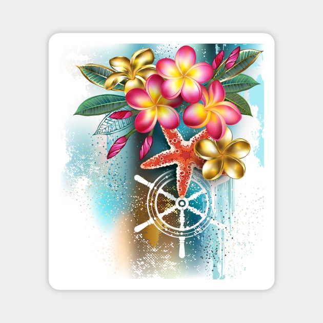 Plumeria flowers on blue background Magnet by Blackmoon9