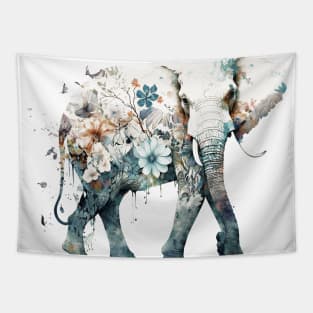 Watercolor Elephant in Nature, Floral Design Tapestry