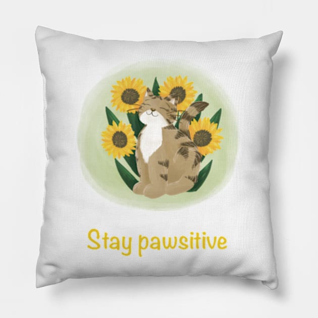 Stay pawsitive cat and sunflowers Pillow by AbbyCatAtelier