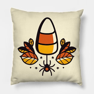 Halloween Candy Corn and Spider Illustration Pillow