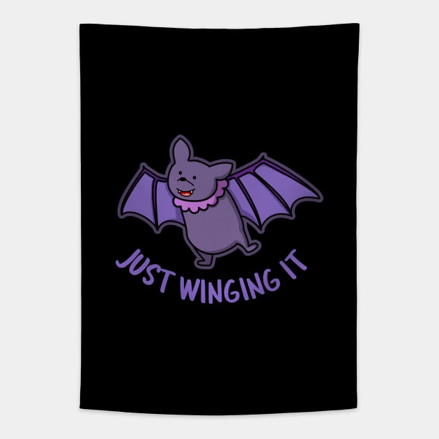 Just Winging It Cute Bat Pun Tapestry by punnybone