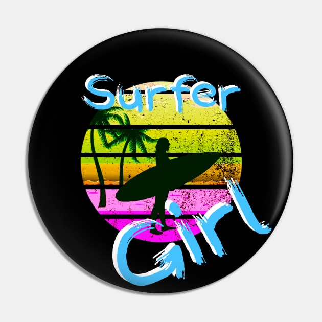 Surfer Girl Surfing Gift for Girls Surfboard 80s Retro Surf Pin by Bezra