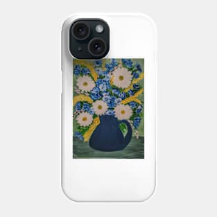 A still life painting of mixed flowers in a blue jug vase Phone Case