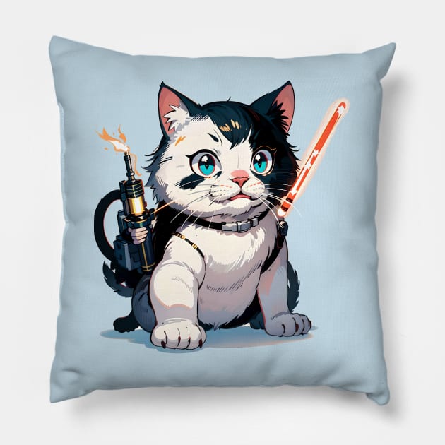 Star Cat Tshirt and Stickers Design Cute Cat Sci-Fi Characters Robot Carousel Pillow by RobotCarousel