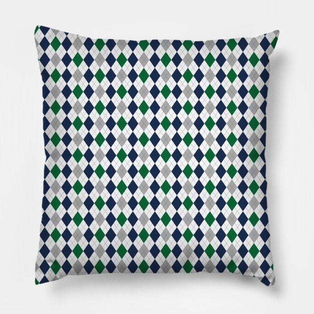 Green Silver Navy and White Argyle Pattern Diamond Checks Pillow by squeakyricardo