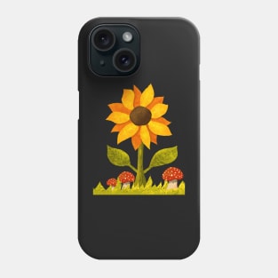 Sunflower in the grass along with some amanita mushrooms. Textured Illustration. Phone Case