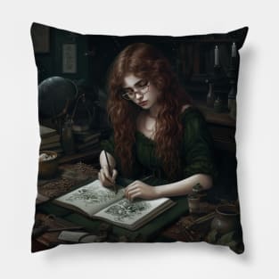 Girl with Glasses Sketching in Garden Shed Pillow