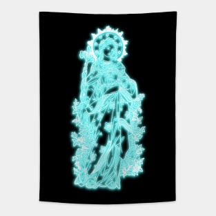 Light Blue Neon Art Virgin Mary Tapestry