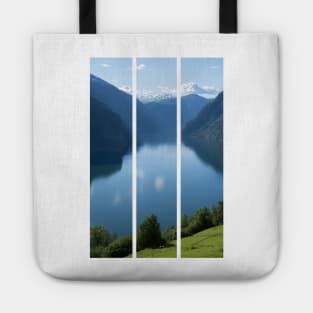 Wonderful landscapes in Norway. Vestland. Beautiful scenery of Aurland fjord from the Aurlandsvangen view point facing to the village of Aurland and Flam. Sunny day (vertical) Tote