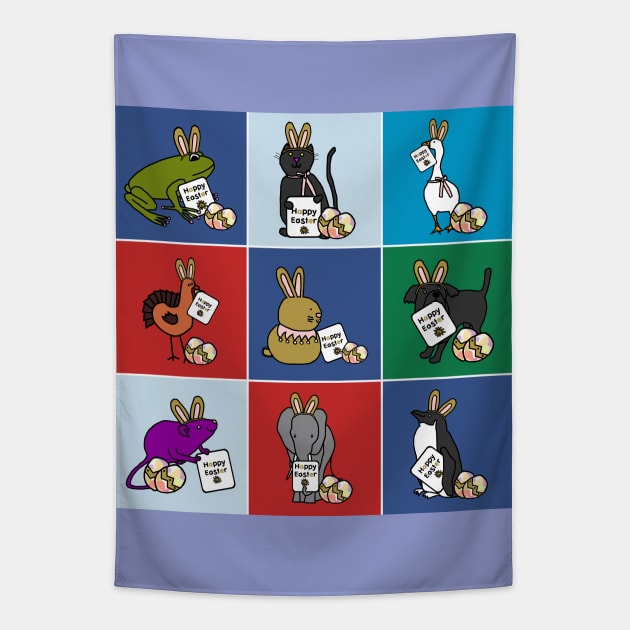 Cute Animals with Funny Easter Eggs say Happy Easter Tapestry by ellenhenryart