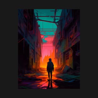 lost boy in a cyber neon cityscape T-Shirt