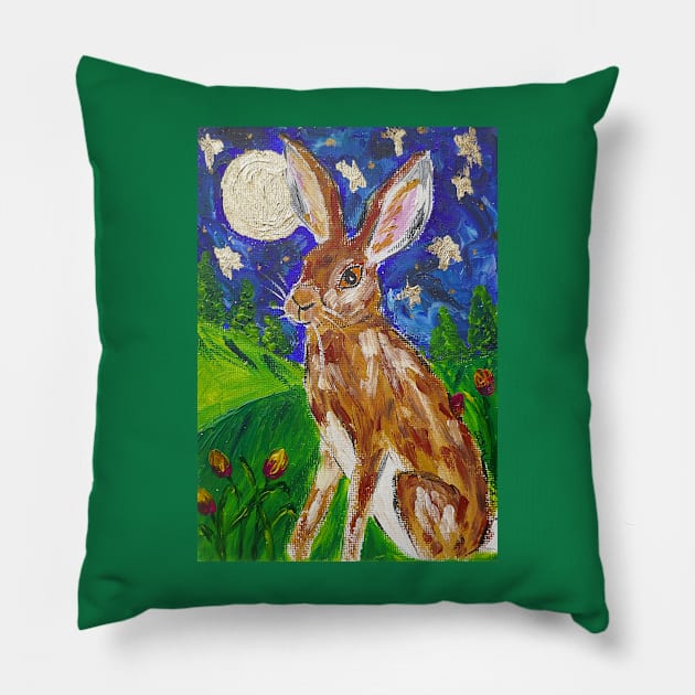 Hare among Tulips and a Gold Moon Pillow by Casimirasquirkyart