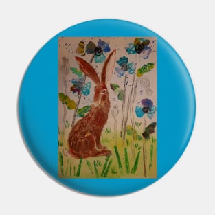 Hare among Blue Poppies Collage Pin