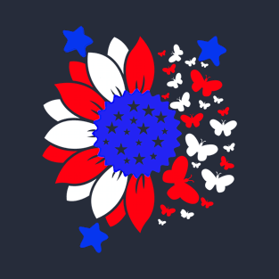 RED, WHITE AND BLUE SUNFLOWER WITH BUTTERFLIES, JULY 4TH T-Shirt