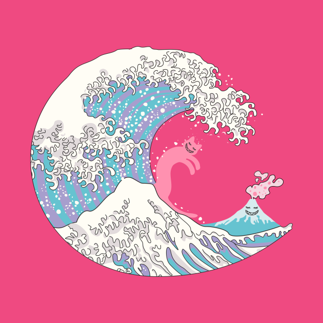 Psychodelic Bubblegum Kunagawa Surfer Cat - Cute Surfer - T-Shirt