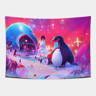 Winter Penguin Families Celebrates Merry Christmas Season Tapestry