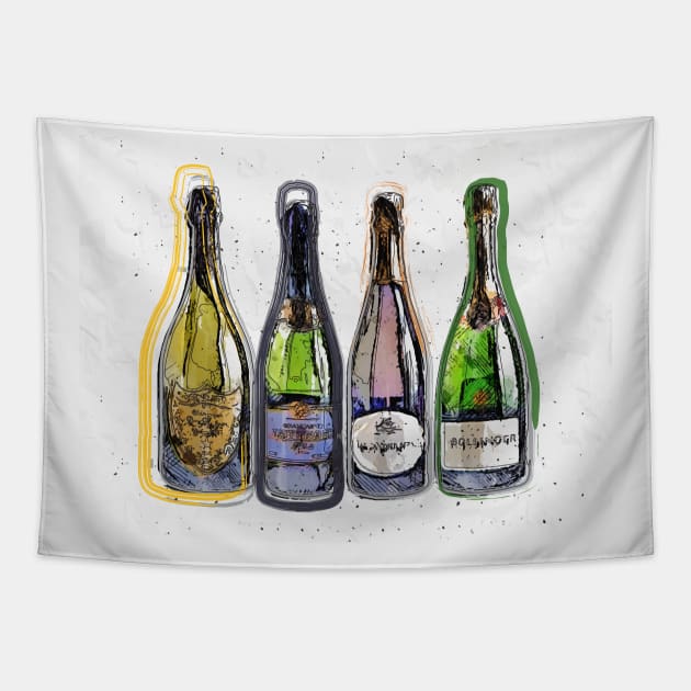 Champagne Bottle Collection Pop Art Tapestry by fatpuppyprod