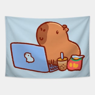 Capybara on a laptop with snacks and drink Tapestry