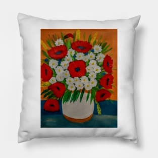 poppies that I painted with three different reds and some daisy's and long grass in white and bronze vase. Pillow