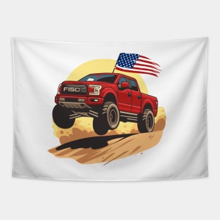 F150 car truck offroad jump on desert red Tapestry