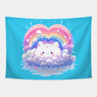 Rainbow Heart Baby Kitty Kawaii Fluffy Cloud Cat Tapestry