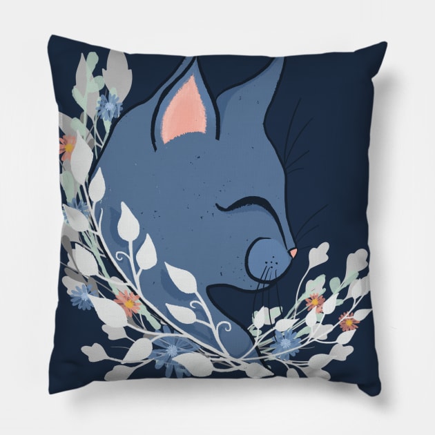 Happy Cat In The Springtime Garden Pillow by LittleBunnySunshine