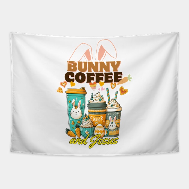 Bunny Coffee and Jesus, Easter Coffee Bunny, religious christian faith Tapestry by zsay