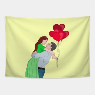 Couple Hugging While Holding Heart Shaped Balloons Tapestry