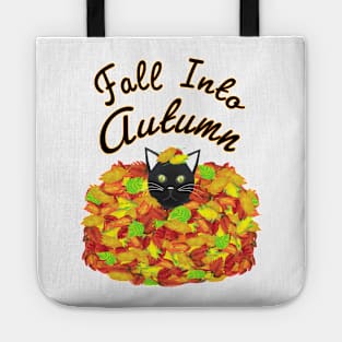 Fall Into Autumn. Kitty Cat in a Pile of Colorful Leaves. (White Background) Tote