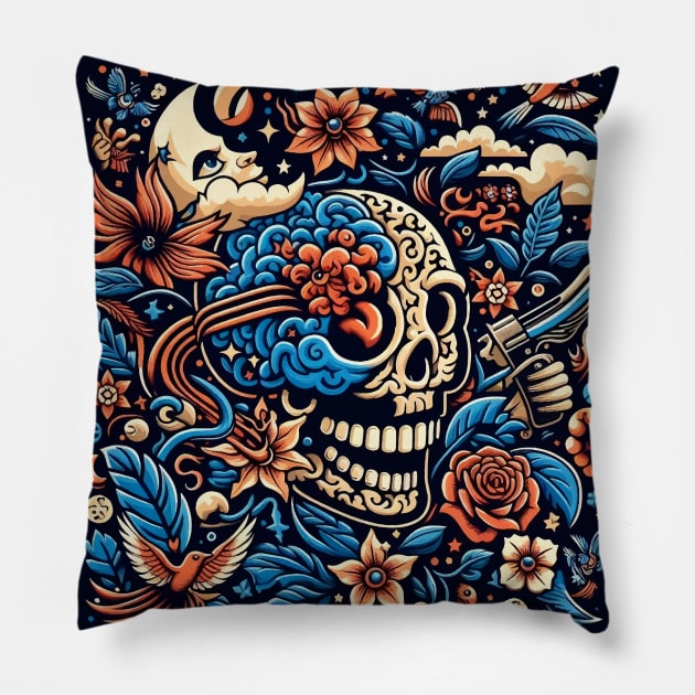 skull, flowers, brain and the moon Pillow by Arteria6e9Vena