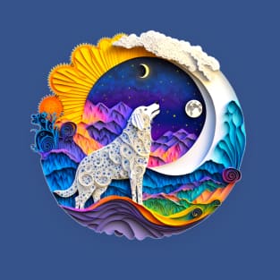 Great Pyrenees Dog Nature Crescent Moon Stars Mountains Art Digital Painting T-Shirt