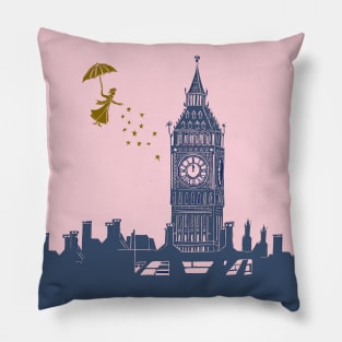 Mary Poppins and Big Ben in Blue and Pink Pillow