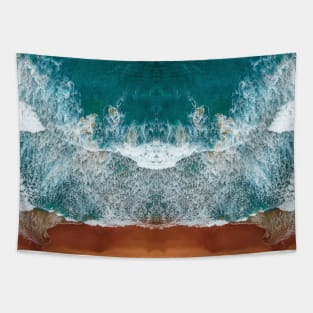 Blue Ocean Waves on the summer beach under palm tree Tapestry