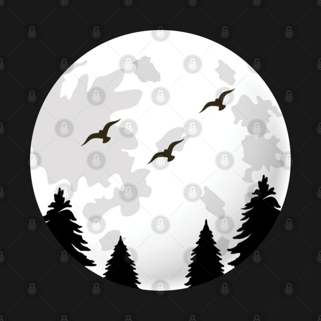 Trees and birds with moon silhouette by ManoArtPro