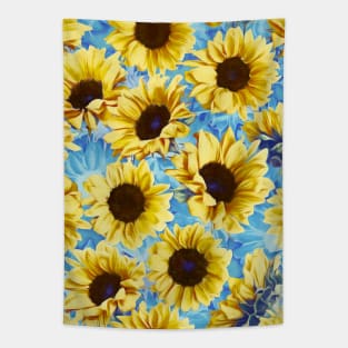 Dreamy Sunflowers on Blue Tapestry