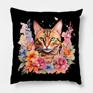 A bengal cat decorated with beautiful watercolor flowers Pillow