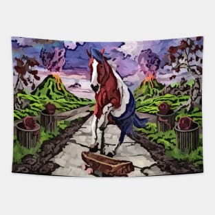 watercolor red white and blue horse skateboard time Tapestry