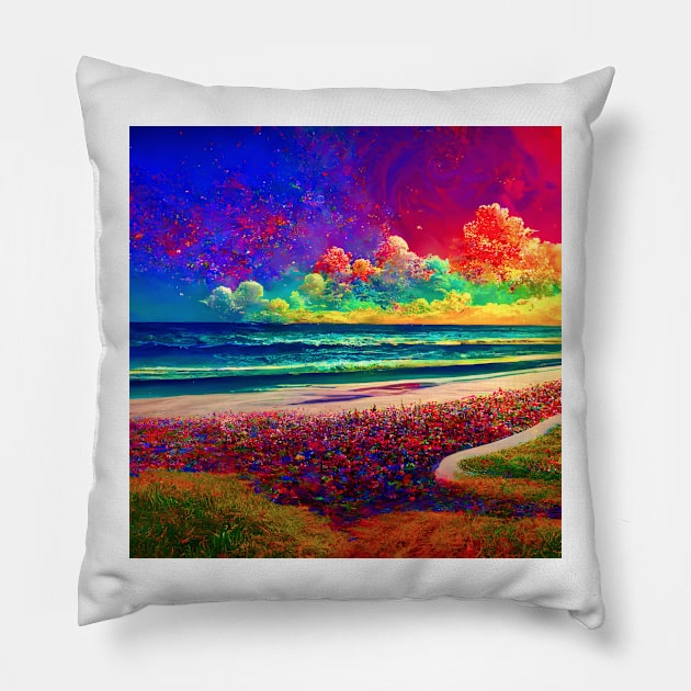 Psychedelic Beach Landscape Pillow by Mihadom