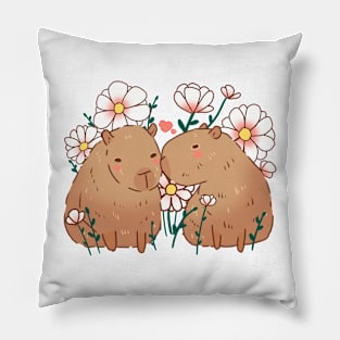 Capybaras in love with flowers Pillow