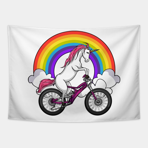 Unicorn Riding Bike Tapestry by underheaven