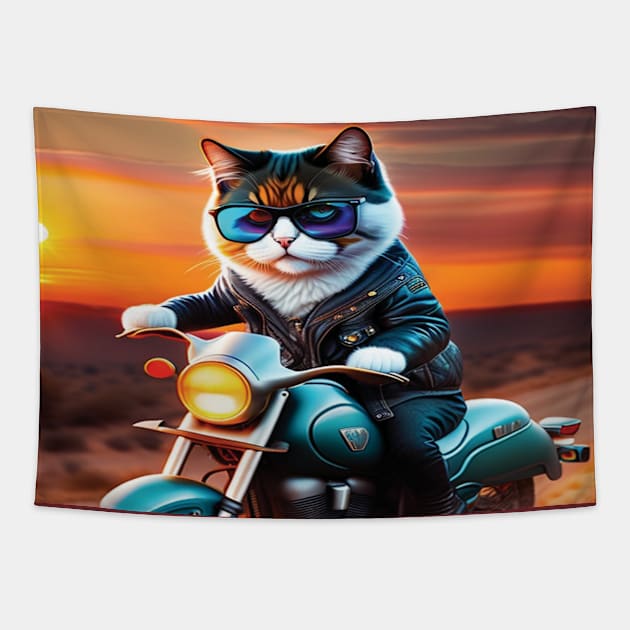 Cat with glasses riding a motorbike sunset Tapestry by SylwiaArt