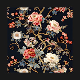 Peony Dream Embroidery Seamless Pattern T-Shirt