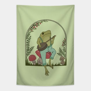 Cottagecore Aesthetic, Cute Frog Playing Banjo on Mushroom, Goblincore Mushroom Lover Tapestry