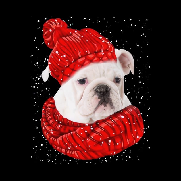 White English Bulldog Wearing Red Hat And Scarf Christmas by Mhoon 