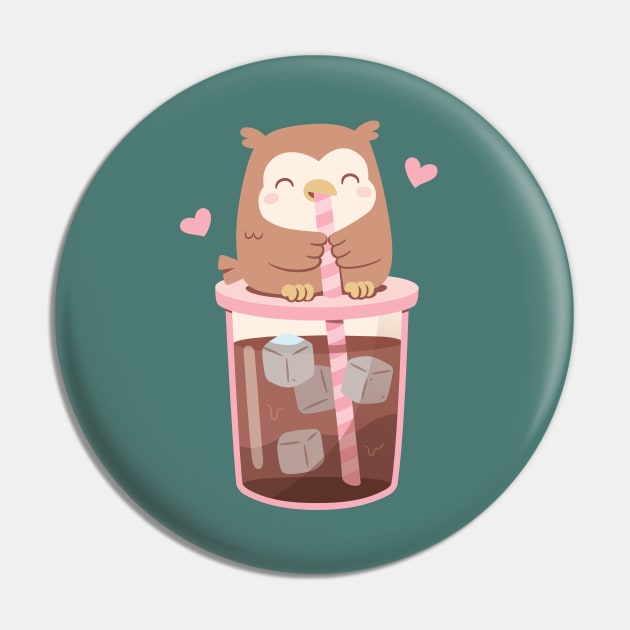 Cute Little Owl Enjoying Iced Coffee Pin by rustydoodle